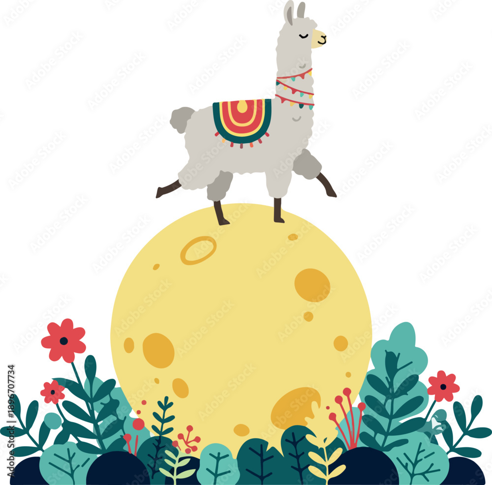 Fototapeta premium Cute Llama Standing on Moon with Colorful Flowers and Leaves Flat Design