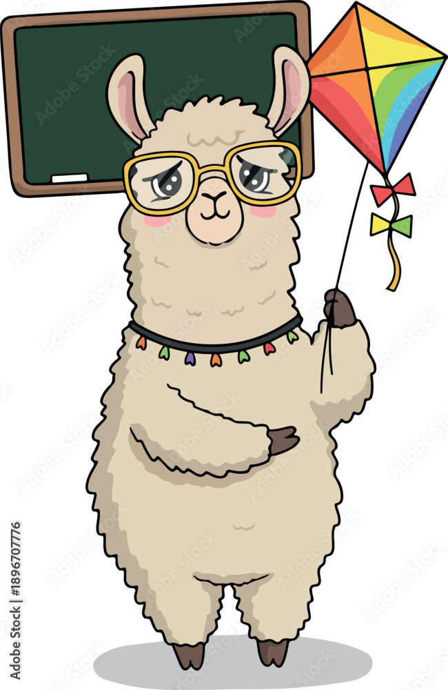 Obraz premium Cute Llama Teacher Holding Rainbow Kite Near Chalkboard