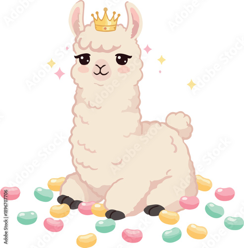 Cute Llama Princess Sitting On Jelly Beans With Crown And Stars