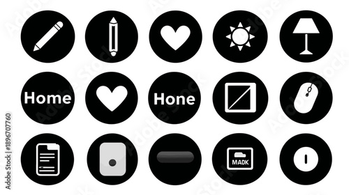 Modern black and white UI UX icons set for web design, mobile applications, and digital interfaces. Collection of graphic elements.