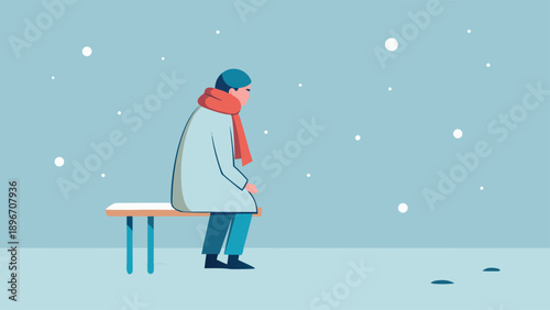 A person sits contemplatively on a bench in a serene snowy landscape, evoking feelings of solitude and gentle calmness.