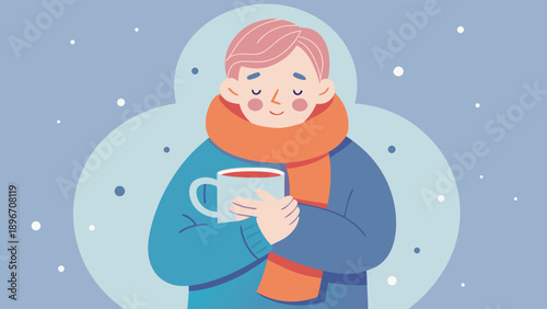 A person wrapped in a cozy scarf holds a warm mug in a serene winter scene, evoking feelings of comfort and relaxation.