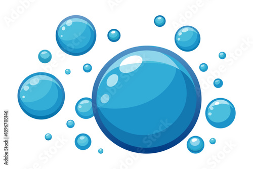 A captivating arrangement of brilliant blue, glossy bubbles in diverse sizes, reflecting light and floating serenely on a crisp white background.
