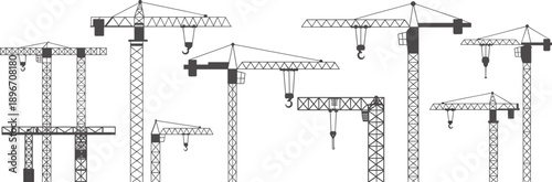 Tower crane vector illustration set, construction cranes collection, industrial lifting equipment, building site machinery, engineering infrastructure design isolated