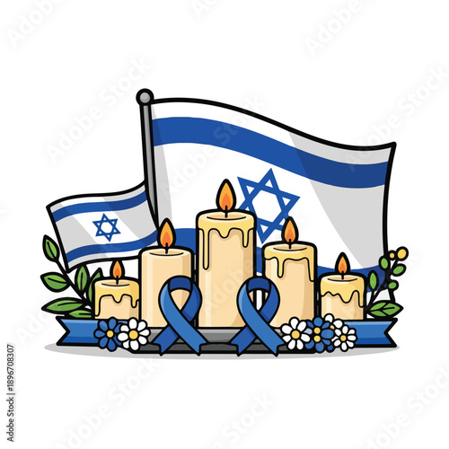 A memorial with candles, flowers, and Israeli flags