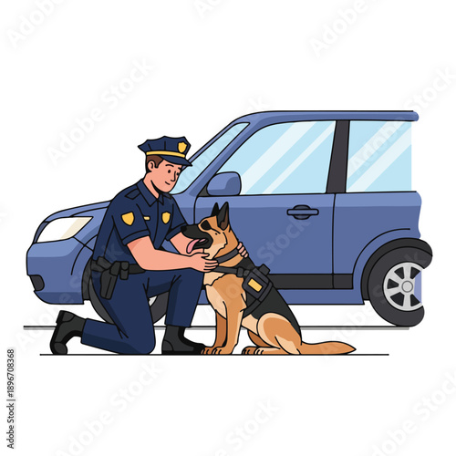A police officer kneeling beside a dog in front of a blue vehicle