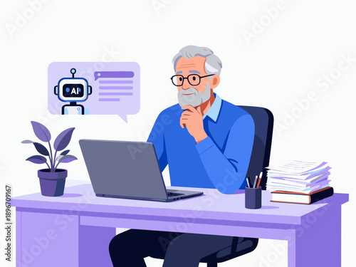 Senior man working with AI technology on laptop at modern office desk