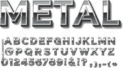 Shiny metal chrome 3D alphabet font with numbers and symbols isolated on grey background for gaming and futuristic graphic design