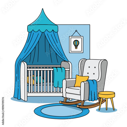 A nursery with a crib, rocking chair, and stool