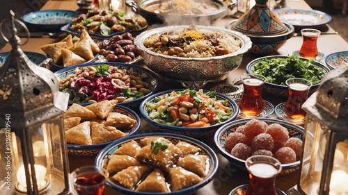 Traditional Middle Eastern feast table with lanterns and hot food