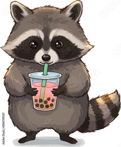 Cute Raccoon Drinking Bubble Tea Pixel Art Vector Illustration