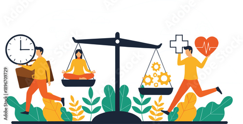 Work life balance concept with people balancing professional career health and meditation on scales flat vector illustration isolated on grey background