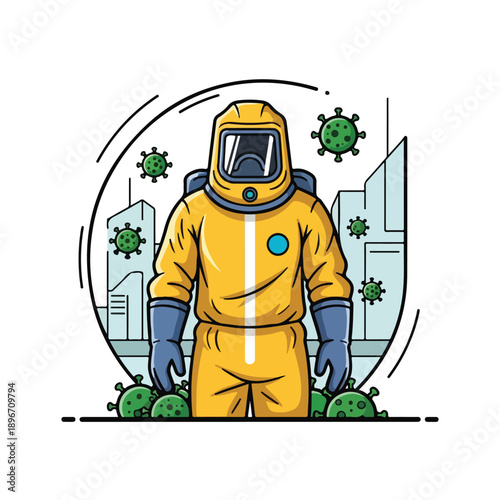 A person in a hazmat suit standing in front of a city