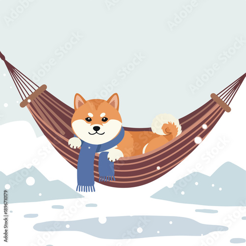 Cute Shiba Inu Dog Relaxing in Hammock Winter Snowfall Flat Design