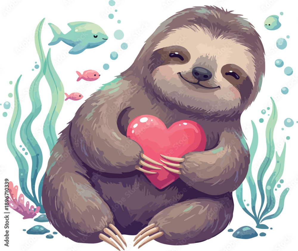 Fototapeta premium Cute Sloth Holding Pink Heart Underwater Sea Life with Algae and Fish