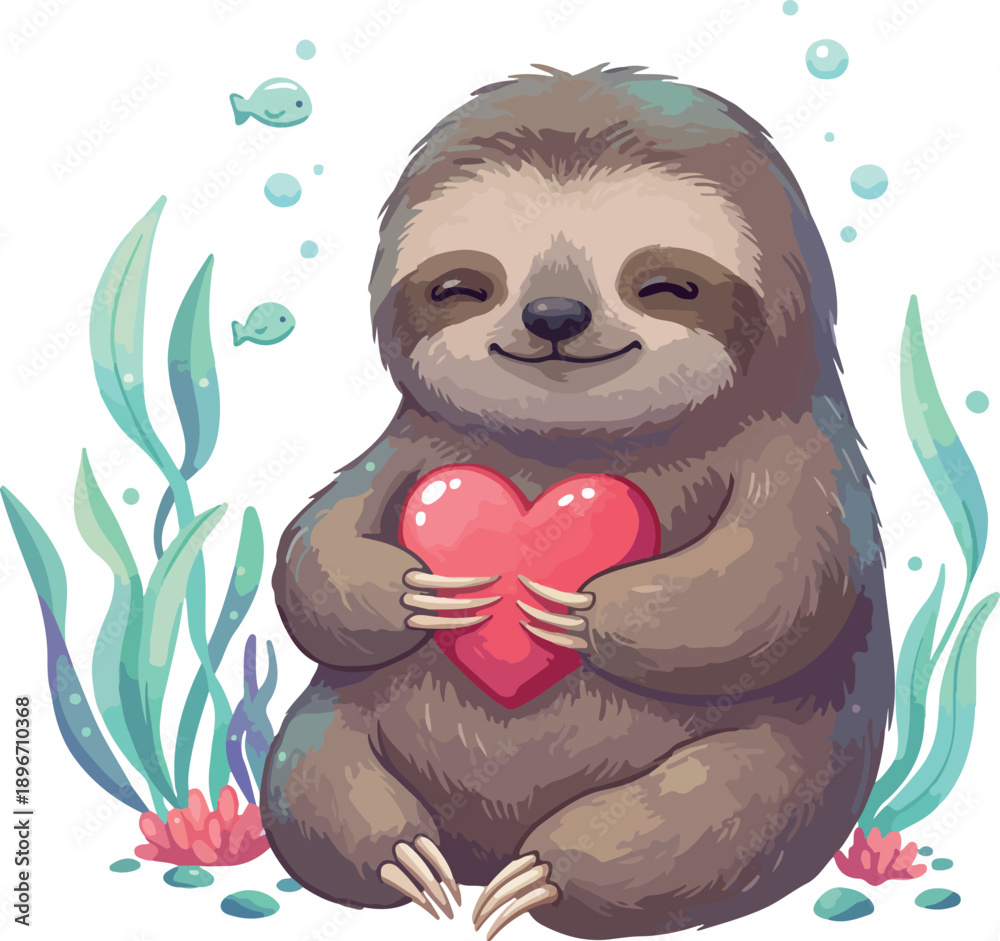Fototapeta premium Cute Sloth Holding Pink Heart Underwater With Seaweed Bubbles