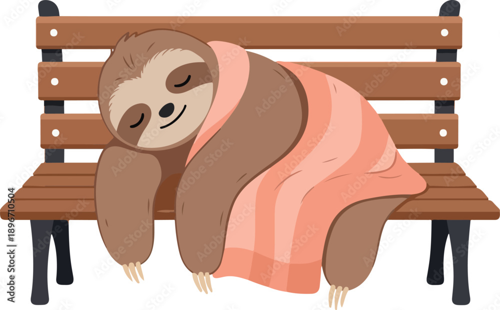 Fototapeta premium Cute Sloth Sleeping Peacefully Wrapped in Pink Blanket on Wooden Park Bench