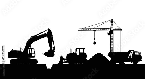 Construction Site Heavy Machinery Silhouette. Excavator, Crane, Bulldozer, and Dump Truck Black Vector Icon.