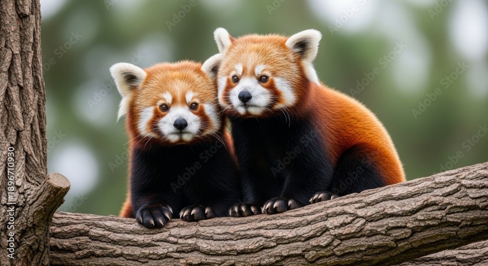 Obraz premium Two red pandas sit on a tree branch looking forward with attentive expressions