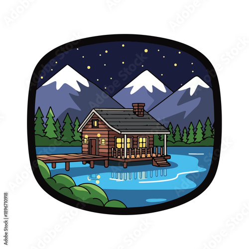 A serene lakeside cabin under starry night