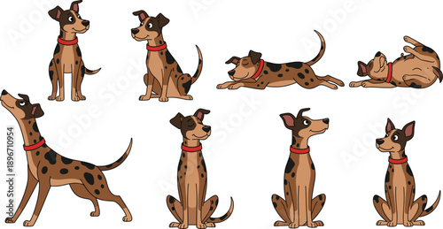 Set of cute brown spotted dog character in various poses including sitting jumping and lying down vector illustration isolated on grey background