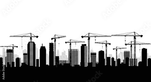 Seamless Construction City Skyline Silhouette with Tower Cranes and Modern Skyscrapers Against White Background