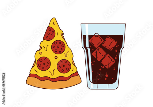 Slice of pepperoni pizza beside a glass of dark soda with ice