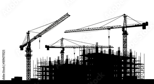 Construction Site Silhouette: Industrial Tower Cranes and Unfinished Building Development on White Background
