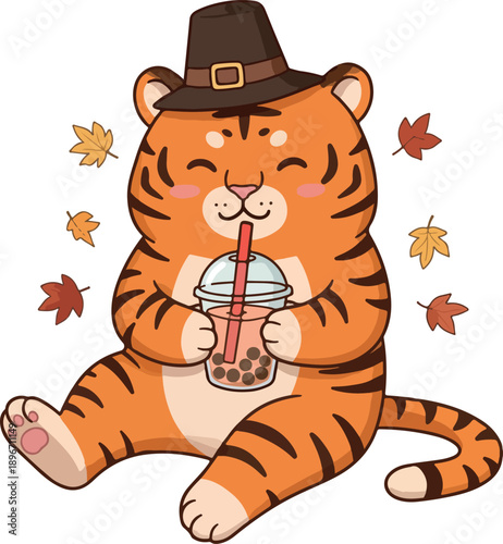 Cute Tiger Wearing Pilgrim Hat Drinking Boba Tea Surrounded by Autumn Leaves