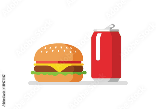 Stylized illustration of a cheeseburger and a red soda can on a white background