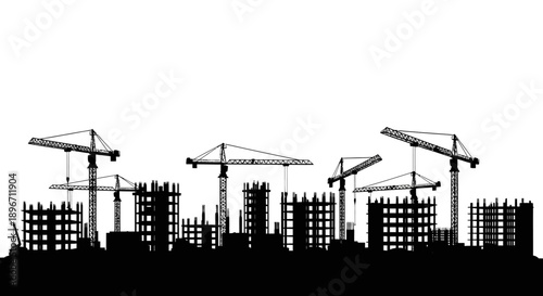 Construction Site Silhouette. City Development Graphic Banner with Tower Cranes and Unfinished Buildings on White Background.