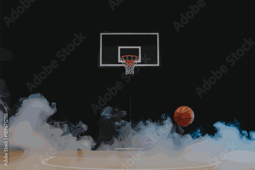 Action basketball hoop with flying ball in smoke at night, dramatic cinematic sports background, competition concept, streetball mystery, power motion