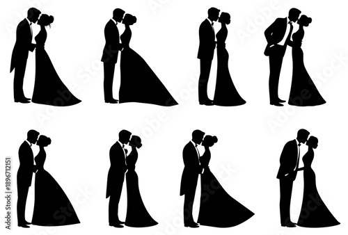 Kissing couple in a formal setting silhouette collection, various styles, flowing gown with a fitted bodice, for romance and intimacy, indicative of a wedding or a special occasion vector art.