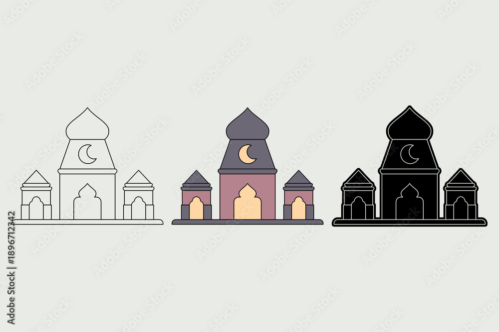Fototapeta premium Illustration of a mosque in three different styles. A minimalist classic mosque with a combination of brown and black colors. Ramadan theme, vector illustration.