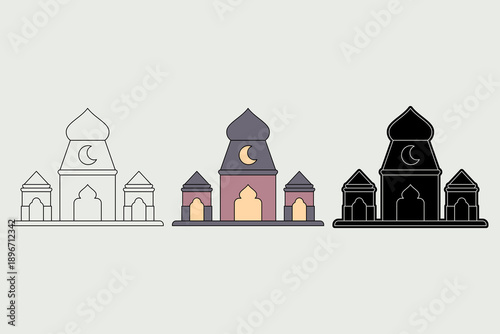 Illustration of a mosque in three different styles. A minimalist classic mosque with a combination of brown and black colors. Ramadan theme, vector illustration.