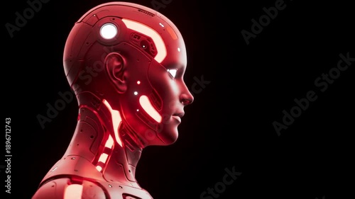 Red cyborg head profile with glowing white accents over a black background