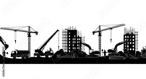 Construction Site Silhouette Seamless Border. Black and white panorama of heavy machinery, cranes, excavators, dump trucks, and workers building a new high-rise structure.