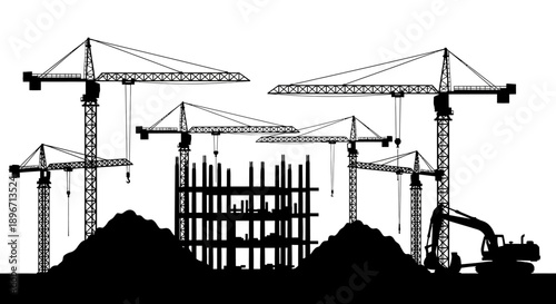 Construction Site Silhouette: Tower Cranes, Unfinished Building Frame, and Excavator. Heavy Machinery and Urban Development Vector Background.