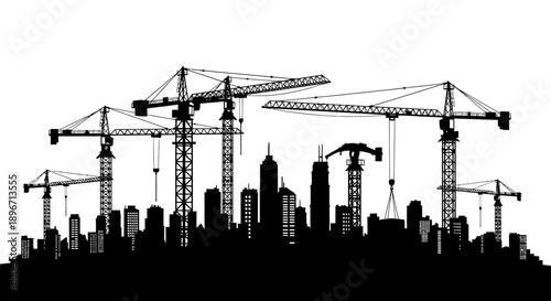 Construction City Silhouette: Urban Development Skyline with Multiple Tower Cranes, Vector Illustration of Architecture and Progress.