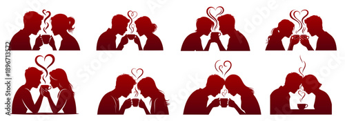 Various types of  couple silhouette sharing a cup of coffee with heart steam rising collection, romance love and companionship concept, capturing the essence of everyday romance vector illustration.