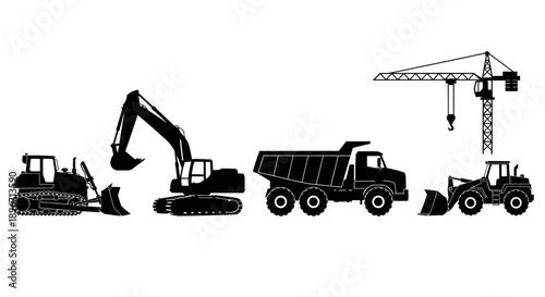 Construction Machinery Silhouettes. Heavy Equipment Icon Set including Crane, Excavator, Dump Truck, Bulldozer, and Wheel Loader.