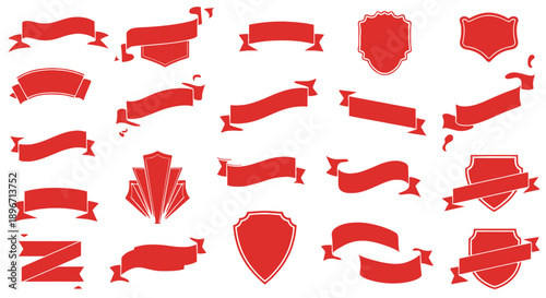 Collection of red ribbons and banners for labels and titles