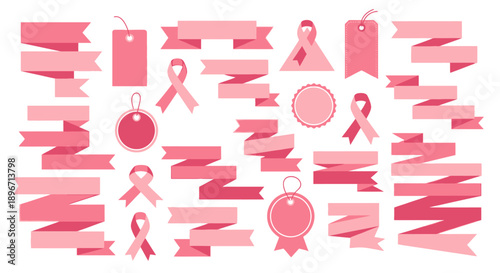 Pink ribbons and labels for breast cancer awareness campaign