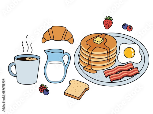 Assorted breakfast items including pancakes egg bacon coffee and croissant