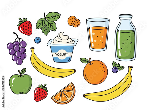 Assorted fruits yogurt juice and green smoothie illustrations on a white background