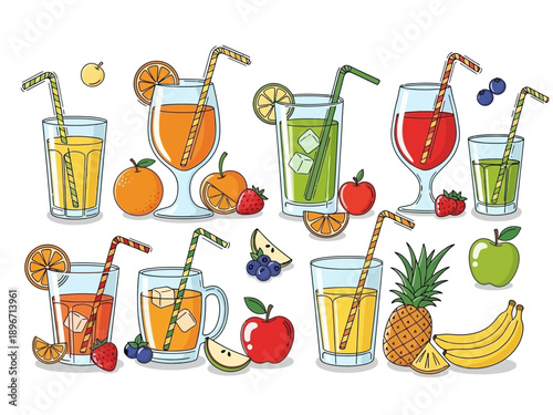 Assortment of fruit juices in glasses with accompanying fresh fruit illustrations
