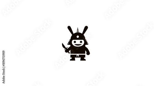 Cute samurai rabbit cartoon character icon with sword. Minimalist black animal warrior vector graphic on white background.