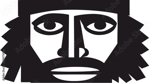 Graphic black and white abstract illustration of a man's face with a beard and long shaggy hair, stylized portrait art