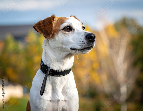 A close-up shot of a small dog looking into the distance outdoors