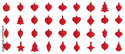 Christmas tree ornaments red clipart collection, Include classic round ornaments, teardrops, stars, bells, Christmas tree shapes, icicle shapes, various shapes, for festive-themed icon or cutout.
